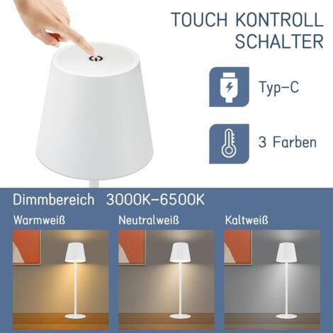 ZMH Lampe de table LED sans fil - Blanche avec touch dimmable lampe de chevet IP54 extérieure rechargeable via USB lampe de bureau pour salon, chambre à coucher, chambre d’enfant