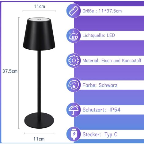ZMH Lampe de table LED RGB sans fil - Noire avec touch dimmable extérieure IP54 lampe de chevet USB rechargeable lampe de bureau pour bureau et chambre à coucher