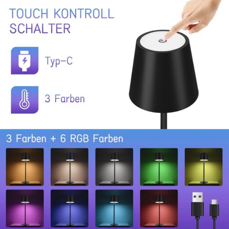 ZMH Lampe de table LED RGB sans fil - Noire avec touch dimmable extérieure IP54 lampe de chevet USB rechargeable lampe de bureau pour bureau et chambre à coucher
