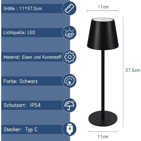 ZMH Lampe de table LED sans fil - Noire avec touch dimmable lampe de chevet IP54 extérieure rechargeable via USB lampe de bureau pour salon, chambre à coucher, chambre d’enfant
