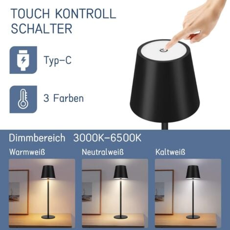 ZMH Lampe de table LED sans fil - Noire avec touch dimmable lampe de chevet IP54 extérieure rechargeable via USB lampe de bureau pour salon, chambre à coucher, chambre d’enfant