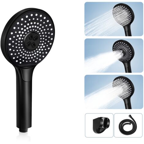 ZMH Pommeau de Douche Noir Rond - 3 jets , économiseur d'eau Douche à main avec bouton de réglage du débit d'eau augmentant la pression à grande échelle Pomme de Douche avec 1,5 m de tuyau (1/5)