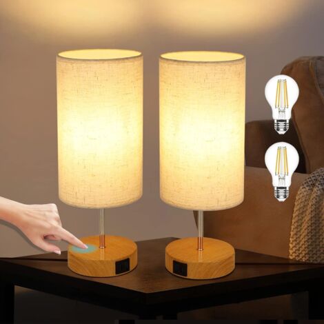 ZMH Lot de 2 Lampe de chevet Touche Dimmable - Vintage USB et TypeC Fonction de charge Lampe de table Lampe de bureau avec abat-jour en tissu E27 Lampe de nuit à lumière blanche chaude
