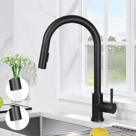 ZMH Robinet de cuisine Robinet de cuisine noir - Robinet d'évier extensible avec douchette Mélangeur évier rotatif 360° Robinet en acier inoxydable avec 2 types de jets Robinet de cuisine mat (1/5)