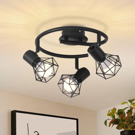 ZMH Spot de plafond 3 flammes rond - Plafonnier E14 Noir Rétro Pivotant Industriel Lampe de cuisine Métal pour chambre à coucher salon bureau couloir Pas d'ampoule