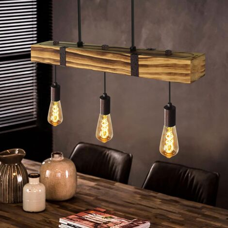 ZMH – Suspension en bois vintage 61cm – 3 douilles E27 max 25W – Hauteur réglable jusqu'à 150cm – Lampe rétro pour salle à manger et bar