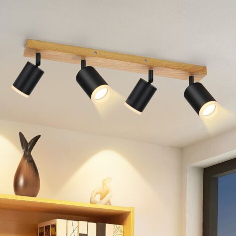 ZMH Spot de Plafond Spots de Plafond 4 Ampoules Noir - Lampe de Cuisine Spot Mural GU10 en Bois Rotatif à 350° Spot de Cuisine Vintage Spots Rétro Industriels pour Salon Chambre Couloir