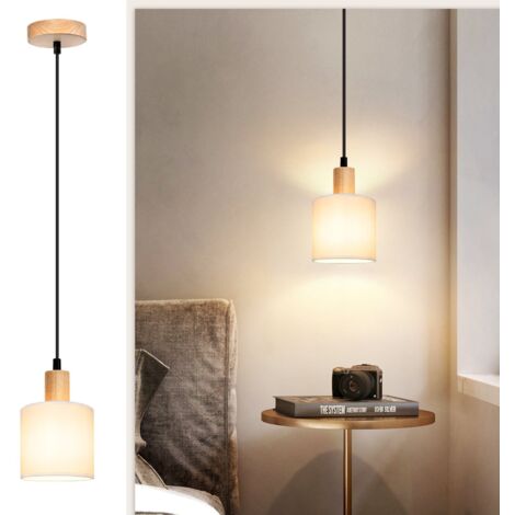 ZMH – Lampe suspendue en bois 1 lumière E14 – Abat-jour en tissu blanc – Hauteur réglable jusqu'à 150 cm – Style vintage rustique pour salon et cuisine