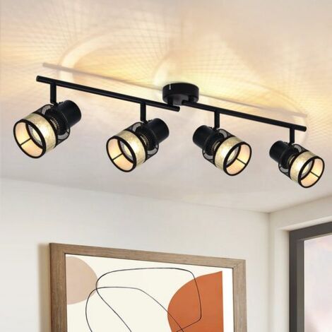 ZMH Spot de plafond 4 flammes Vintage - Spot de plafond noir LED métal E27 orientable 330° Plafonnier or Abat-jour tissu pour salon chambre cuisine escalier salle à manger Max.25W (1/5)