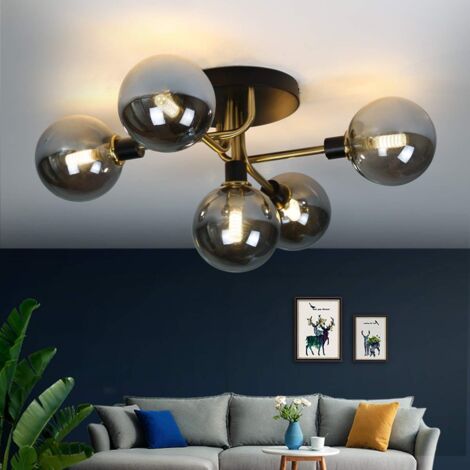 ZMH – Plafonnier 5-flamme en verre fumé G9 – Design moderne pour salon, chambre, salle à manger – Dimensions 67x47x25cm – Lumière blanche chaude