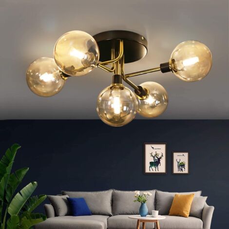 ZMH Plafonnier salon avec 5-flamme boules de verre G9 douille plafonnier en ambre fumée chambre à coucher lampe d'intérieur couronne lampe enfant salle à manger lampe (sans ampoules)
