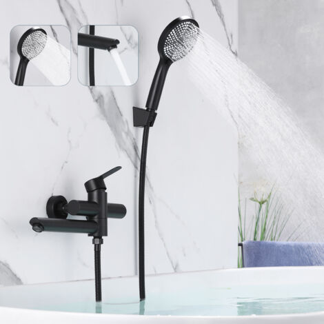 ZMH Robinet de baignoire noir - Robinet de douche avec douche et douchette, Mitigeur monocommande mural, Robinet salle de bain acier inoxydable, Montage en surface (1/5)