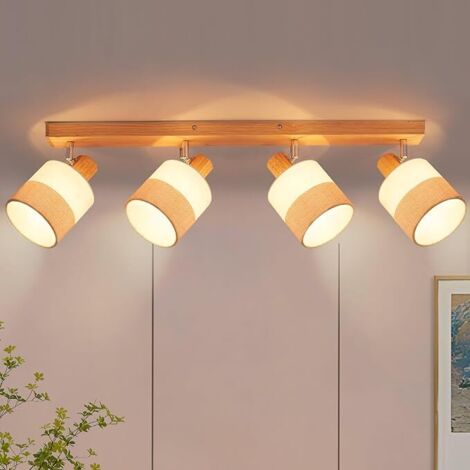 ZMH Plafonnier Vintage 4 Flammes Spot de Plafond en Bois Culot E14 Abat - jour en Tissu Orientable 350° Rétro MAX 25W Pour Couloir Cuisine Salon Chambre à coucher Sans Ampoule (1/5)