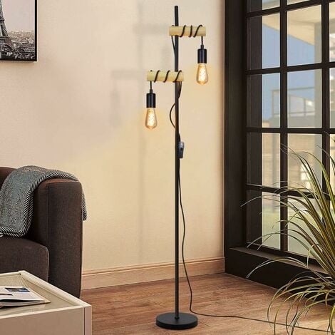 Lampadaire sur pied en bois,corde et métal noir, Osasy luminaire moderne  Lampe de 169 cm de haut dans un chambre vintage,Lampe de Salon avec  Interrupteur, 2* E27 Douille(max. 60 Watt）