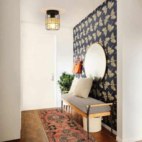 ZMH Plafonnier vintage maison de campagne plafonnier - E27 plafonnier rotin noir couloir lampe industriel rétro bohème en métal bambou cuisine lampe pour chambre salon couloir entrée cuisine