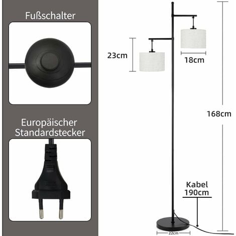 ZMH Lampadaire Salon Moderne Lampadaire - 2 flammes Tissu Lampadaire Design E27 Douille Boho Deko Lampe de lecture Max.25W avec interrupteur à pied lampe de sol pour bureau chambre - Sans ampoules
