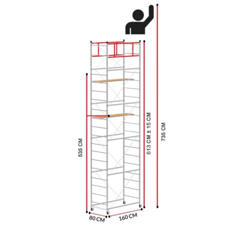 Scedil – Échafaudage TERNO-1 – Hauteur de travail 7,35 m – Longueur 160 cm – Largeur 80 cm – Acier galvanisé électrolytique