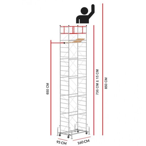 Scedil – Échafaudage extractible 8,50 m – Acier galvanisé électrolytique – 4 roues avec freins – Plateforme 160 x 64 cm