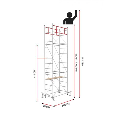 Scedil – Échafaudage 4 niveaux avec vérins de mise à niveau – Hauteur de travail 6,10 m – Acier galvanisé – Largeur 80 cm – Charge maximale 95 kg