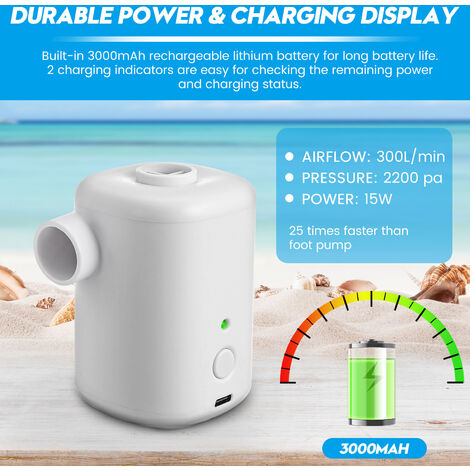 Pompe à air électrique 300L/min Piscine Bateaux pneumatiques Matelas gonflable Souffleur 3000mAh