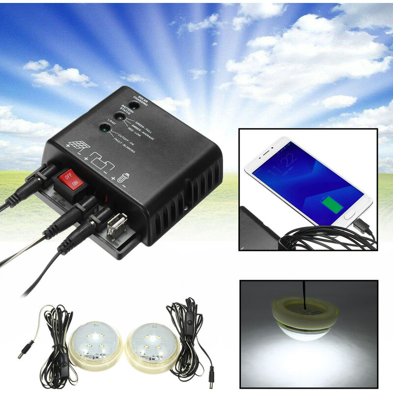Pannello solare Generatore Sistema di illuminazione a LED Caricabatterie  USB 2 lampadine LED per interni Protezione da sovraccarico automatica  compatta