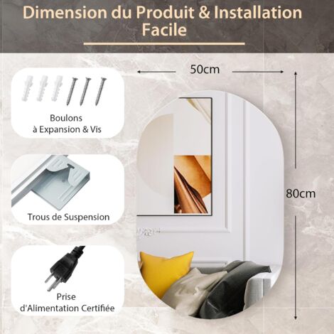 COSTWAY Miroir Salle de Bain LED Ovale 80 x 50 CM avec Eclairage 3 Couleurs/Miroir Lumineux Antibuée Antidéflagrant