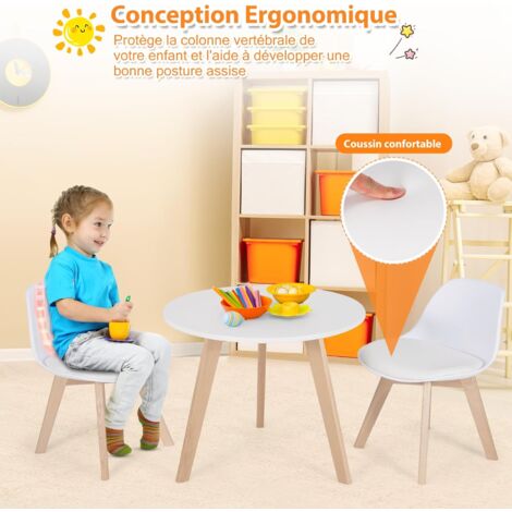 Table Ronde Enfants + 2 Chaises Avec Coussin - Bois Hêtre, 60x60x50.5 Cm, Charge 80 Kg, Blanc, 3-8 Ans - 4