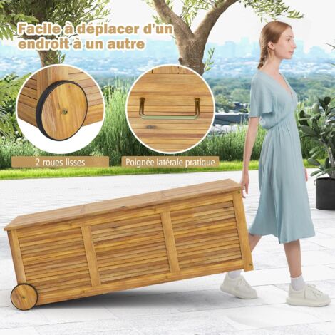 COSTWAY Coffre Rangement Bois Acacia 182L – Banc Extérieur Avec Roulettes, Charge 150 Kg, Naturel