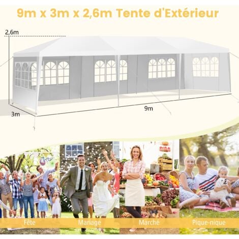 COSTWAY Tonnelle de Jardin Extérieur/Barnum 3x9m-27㎡ Tente de Réception avec 5 Parois Amovibles Piquets de Terre et Fenêtre sur Côté