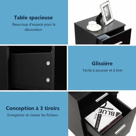 COSTWAY Caisson de Bureau Meuble de Rangement avec 3 Tiroirs pour Lettre,Dossiers et Documents Noir