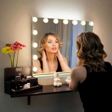 COSTWAY Miroir Hollywood Bluetooth avec Lumières, Miroir de Maquillage, Port de Charge USB, 15 Ampoules LED, Écran Tactile, 3 Niveaux de Luminosité Réglables et Grossissement 10X, 58 x 46 CM