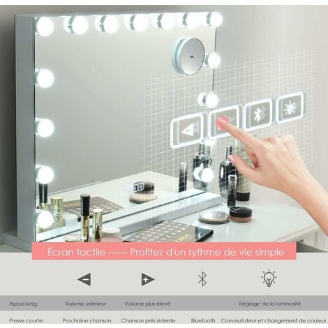 COSTWAY Miroir Hollywood Bluetooth avec Lumières, Miroir de Maquillage, Port de Charge USB, 15 Ampoules LED, Écran Tactile, 3 Niveaux de Luminosité Réglables et Grossissement 10X, 58 x 46 CM
