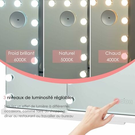 COSTWAY Miroir Hollywood Bluetooth avec Lumières, Miroir de Maquillage, Port de Charge USB, 15 Ampoules LED, Écran Tactile, 3 Niveaux de Luminosité Réglables et Grossissement 10X, 58 x 46 CM
