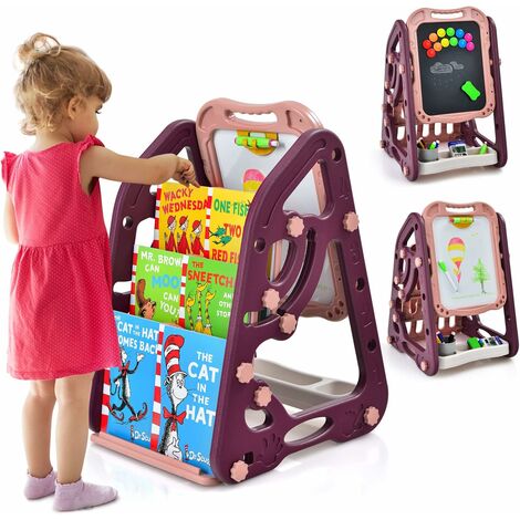 Chevalet Enfant 3 En 1 Réglable - Tableau Blanc/noir + Trombone, Rotatif 360°, Hauteur 65-112 Cm, Accessoires Inclus