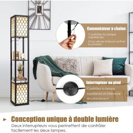 Lampadaire sur Pied/Lampe sur Pied 1,56 M-COSTWAY-2 Etagères de Stockage-Design Scandinave-Double Interrupteur pour Chambre/Salon 40W 2 Ampoule Non-inclus