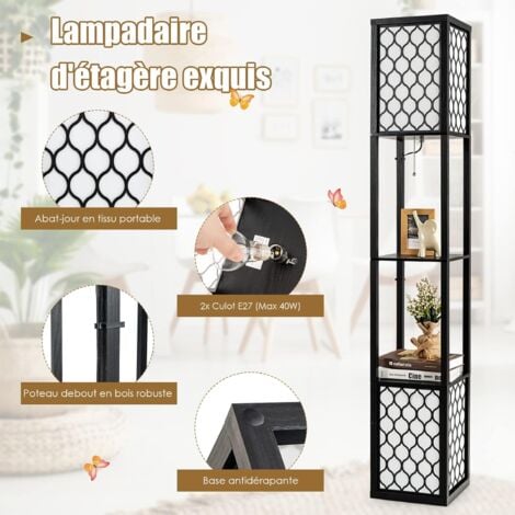 Lampadaire sur Pied/Lampe sur Pied 1,56 M-COSTWAY-2 Etagères de Stockage-Design Scandinave-Double Interrupteur pour Chambre/Salon 40W 2 Ampoule Non-inclus