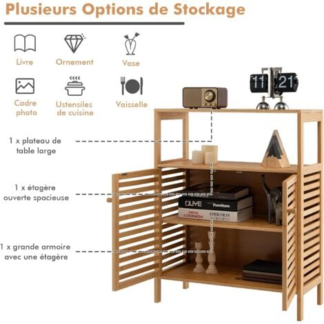 COSTWAY Meuble Salle de Bain en Bambou/Rangement de Salle de Bain-Étagère Amovible et 2 Portes Persiennes-64x27,5x80cm Naturel