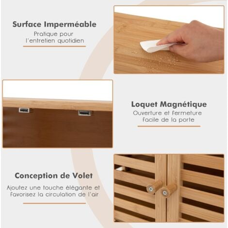 COSTWAY Meuble Salle de Bain en Bambou/Rangement de Salle de Bain-Étagère Amovible et 2 Portes Persiennes-64x27,5x80cm Naturel