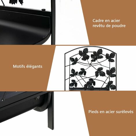 COSTWAY Porte Bûches de Cheminée en Acier Enduite de Poudre 48 x 34 x 41 cm avec Motifs de Feuilles Magnifiques Charge 50 kg Noir