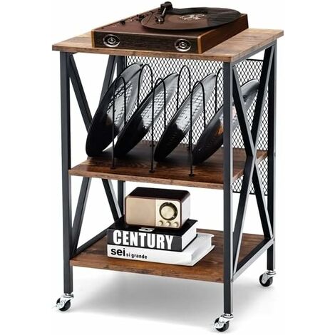 COSTWAY Desserte à Roulettes avec Support de Tourne-disque pour 250 Albums, Étagère de Rangement Cadre en Fer Roues Verrouillables pour Salon Chambre, 52x45x75cm