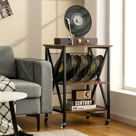COSTWAY Desserte à Roulettes avec Support de Tourne-disque pour 250 Albums, Étagère de Rangement Cadre en Fer Roues Verrouillables pour Salon Chambre, 52x45x75cm