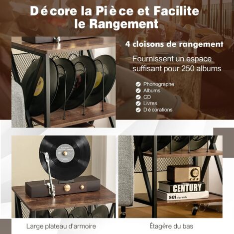 COSTWAY Desserte à Roulettes avec Support de Tourne-disque pour 250 Albums, Étagère de Rangement Cadre en Fer Roues Verrouillables pour Salon Chambre, 52x45x75cm