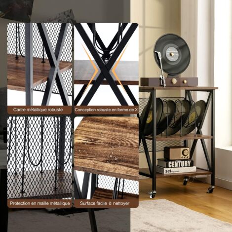 COSTWAY Desserte à Roulettes avec Support de Tourne-disque pour 250 Albums, Étagère de Rangement Cadre en Fer Roues Verrouillables pour Salon Chambre, 52x45x75cm