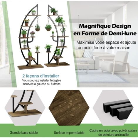 COSTWAY Lot de 2 Étagères à Fleurs en Métal à 7 Niveaux Porte Plantes en Forme de Demi-lune avec Dispositif Anti-renversement