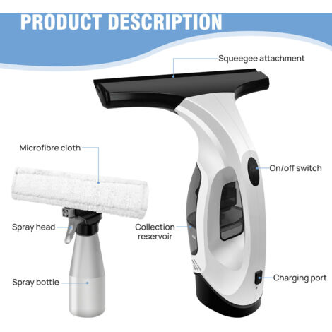 Aspirateur de vitres électrique sans fil,nettoyeur de vitres avec manche télescopique, nettoyeur vitre electrique, flacon pulvérisateur avec housse en