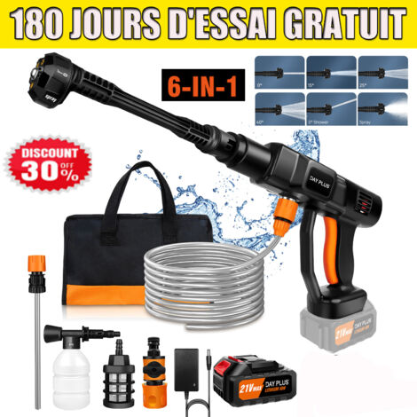 Dayplus – Nettoyeur haute pression sans fil 180Bar – Moteur 2000 PSI – Débit 270L/H – Autonomie 45 min – Tuyau 5m – Buse 6-en-1