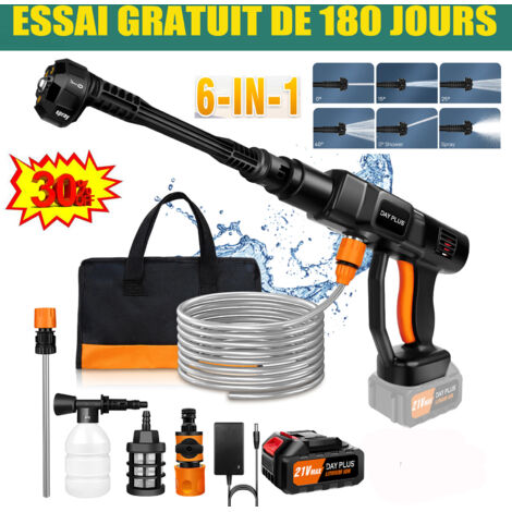 Dayplus – Nettoyeur haute pression sans fil 21V 3000mAh – Pression max 180Bar – Moteur 2000 PSI – Buse 6-en-1 pour nettoyage efficace