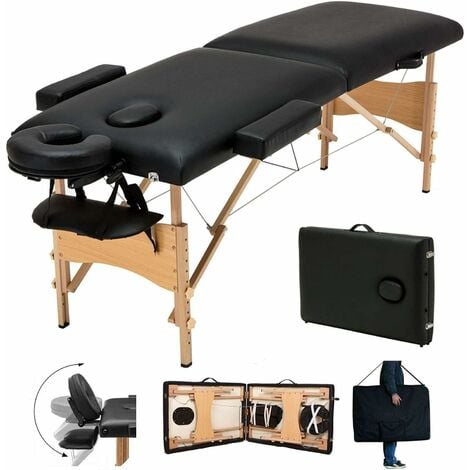 Bois Pliable Table de massage Hauteur réglable Table de massage Deluxe Lits cosmétiques professionnels Lit de massage 2 zones pieds en bois portables Installation facile avec sac de transport, noir