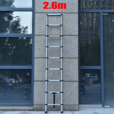 8.5FT Échelle télescopique de 2,6 m en acier inoxydable de haute qualité, 9 marches, échelle à coulisse, échelle pliante antidérapante, escabeau, échelle polyvalente Capacité de charge jusqu'à 150 kg (1/5)
