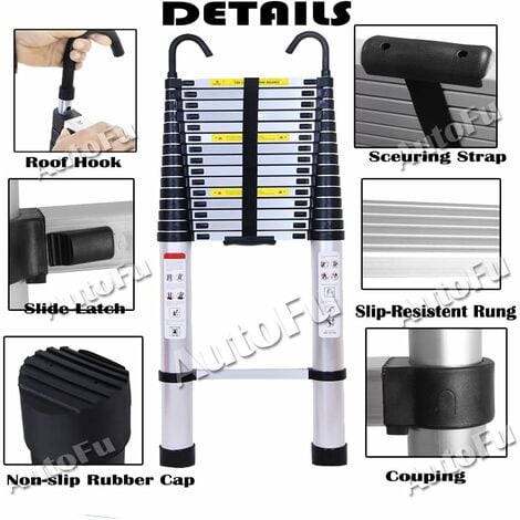 Échelle télescopique pliable en aluminium, 6,2 m avec 2 crochets, échelle coulissante polyvalente, échelle d'échelle, facile à utiliser, charge de 150 kg, argent